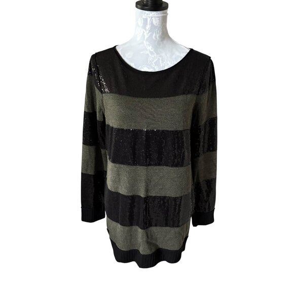 Alice and Olivia Evan Sequin Striped Sweater Green Black Womens Medium Wool - Picture 1 of 5